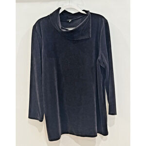 TALBOTS 2X Black Velvet Tunic Cowl Mock Neck Buttons Long Sleeve